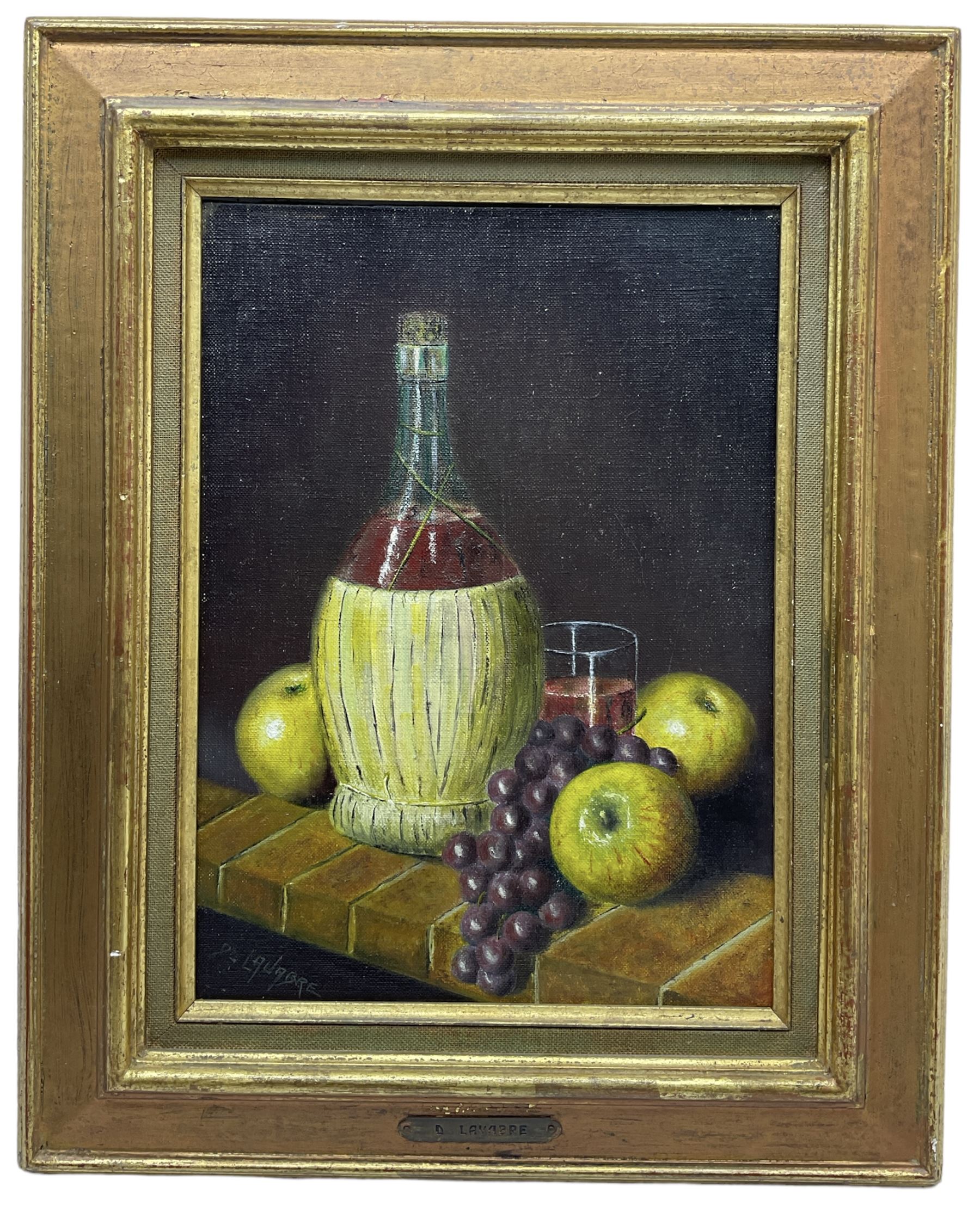 Daniel Lavabre (French 20th century): Still Life of Fruit ad Wine on Shelf, oil on canvas signed 32cm x 23cm 