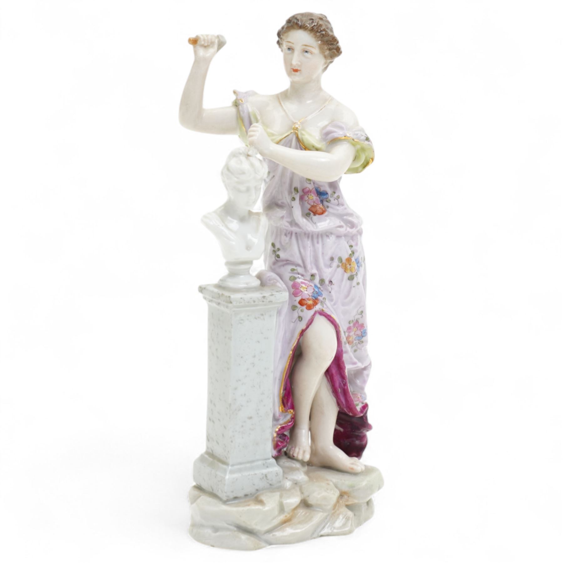 German 20th century Passau figure of a lady sculptor, and a Samson Hancock Derby porcelain tray, decorated with hand-painted greyhounds, figure H17cm, painted marks to bases (2)