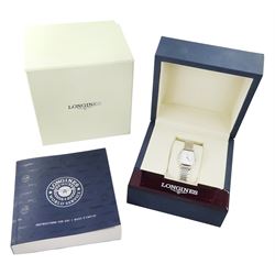 Longines La Grande Classique ladies stainless steel quartz wristwatch, Ref. L4 205 4, white dial with Roman numeral hour markers, on stainless steel bracelet, with fold-over clasp, boxed with guarantee card dated 2014