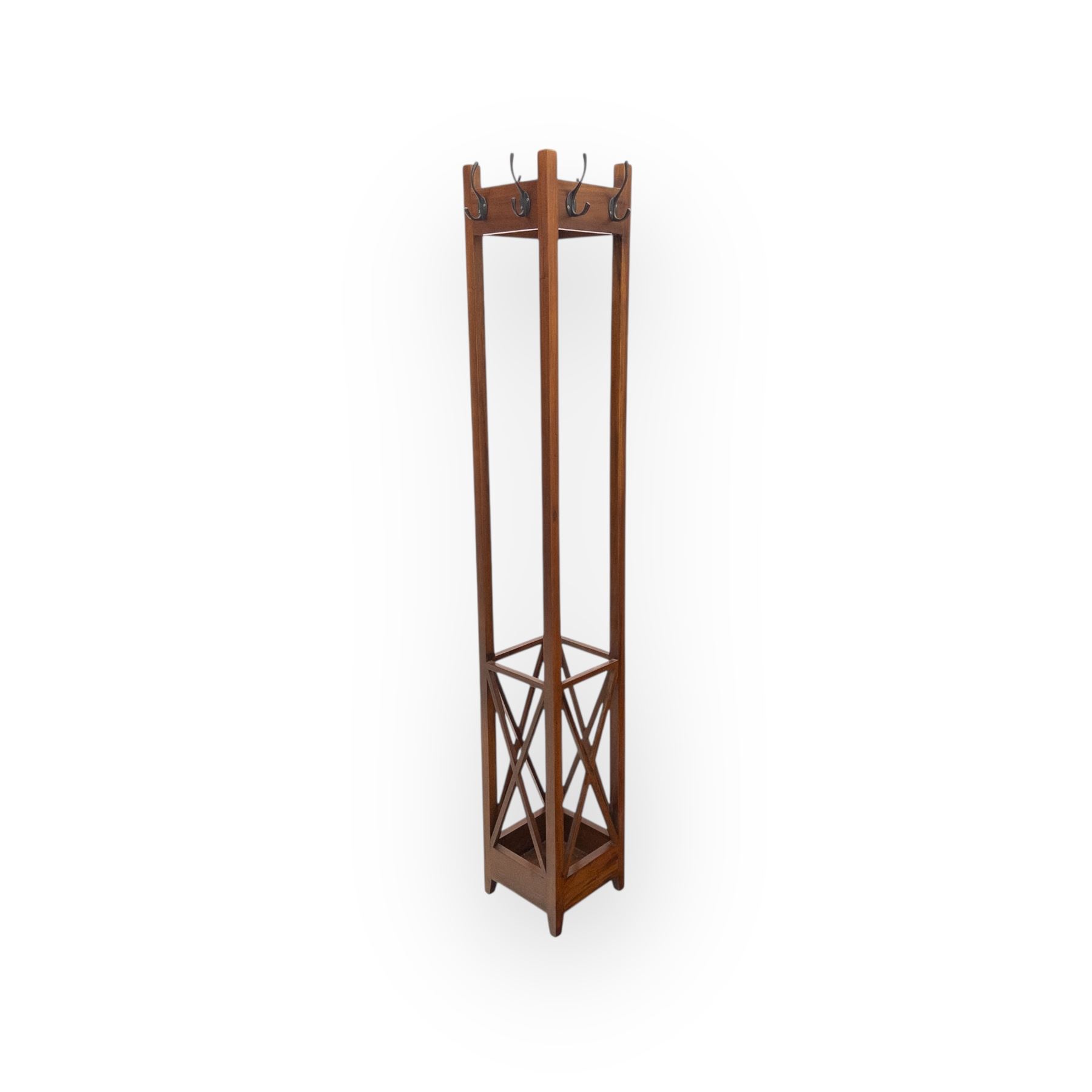 Contemporary mahogany coat and hat stand, tall rectangular form with eight hooks and decorative X-form lower supports