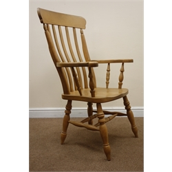  Farmhouse beech slat back armchair, turned supports joined by double 'H' stretcher, W67cm  