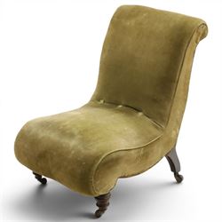 Victorian mahogany framed slipper chair, of reclined shape with rolled back over sprung se...