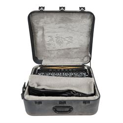 Vignoni Philharmonic II basso piano accordion, with 41 keys, possibly a custom model,  the black high gloss case with carrying strap and in fitted case with grey faux fur interior