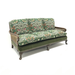  Queen Anne style walnut framed Bergere settee, upholstered in Sanderson Blackthorn fabric by William Morris, shell carved cabriole legs on pad feet, W180cm  