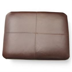 Laura Ashley - brown leather armchair and foot stool, loose cushion back and seat, flanked by scrolled arms upon light stained wood supports on castors, matching brown leather footstool with four panel top over light stained supports on castors (Footstool H 31cm, W 52cm)