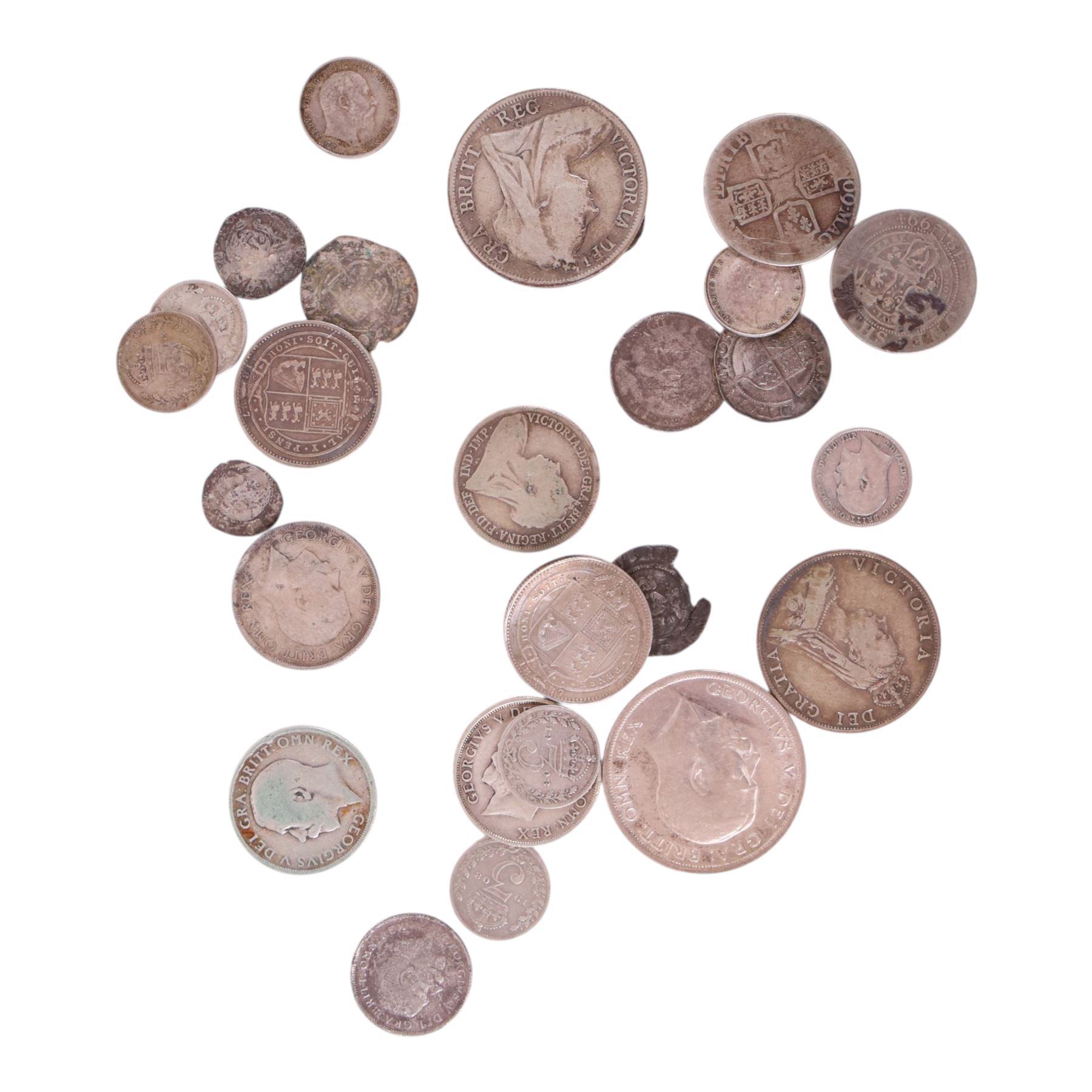 Approximately 100 grams of Great British pre-1920 silver coins, including some hammered, Elizabeth I 1564 threepence, Anne 1709 shilling, etc