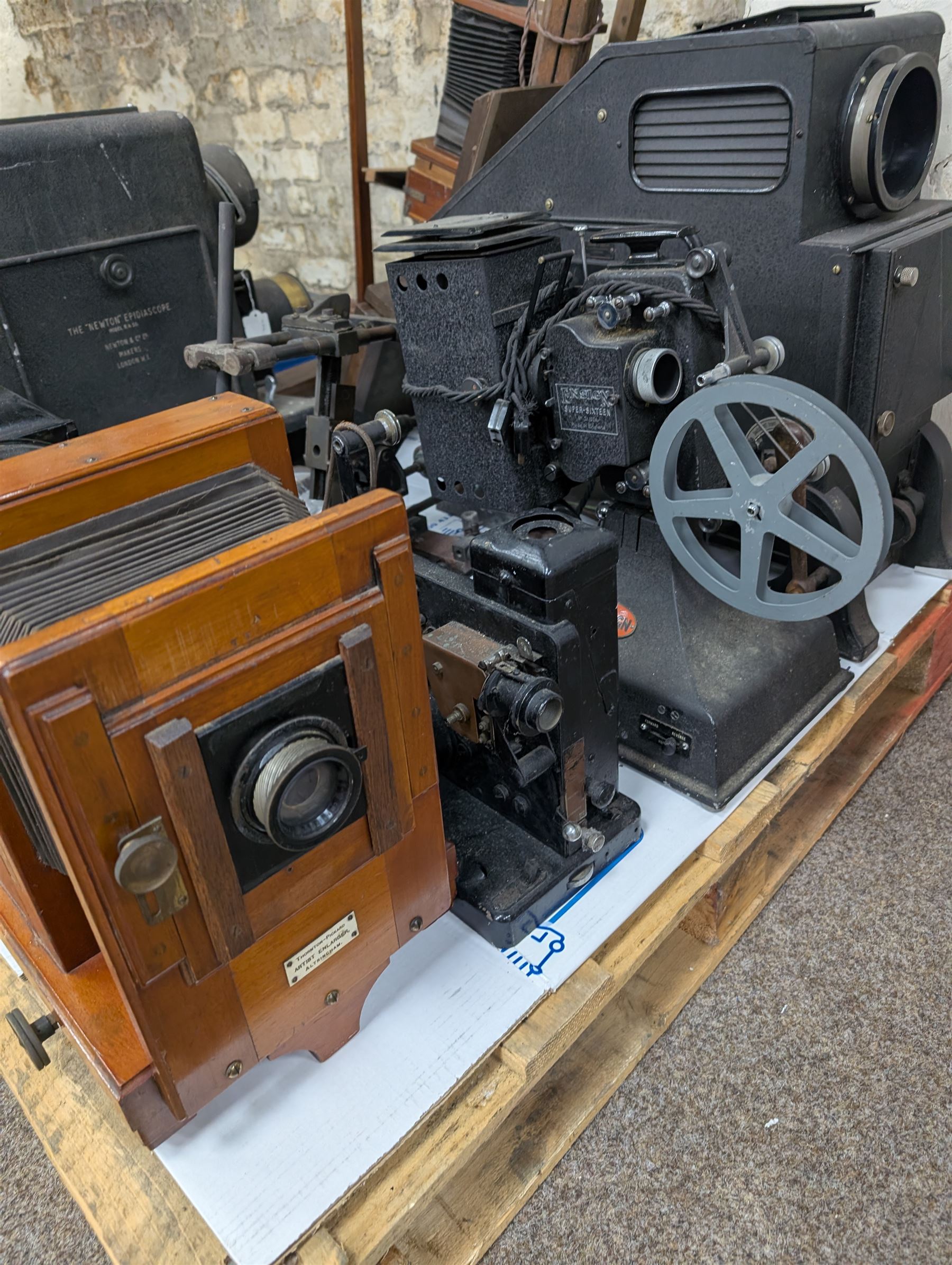 Thornton-Pickard Artist Enlarger, Thornton Pickard Imperial Enlarger, The Newton Epidiascope, Ensign Super Sixteen projector, wooden frame, etc
