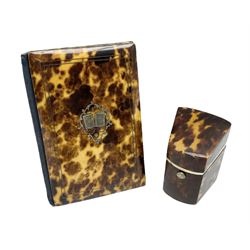 19th century tortoiseshell needle packet box of wedge form, with compartmented interior, H5.5cm, together with a 19th century tortoiseshell card or note case of book form, with inlaid silver motif to centre, the interior with card pocket, H7cm W7cm, (2)