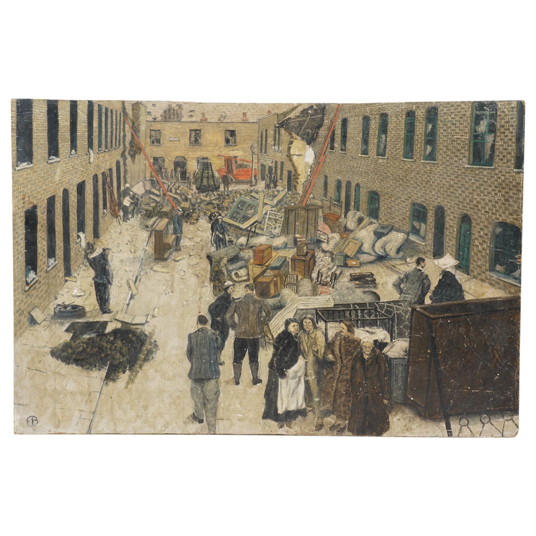 John Gilbey Bowles (British 1929-2011): 'The Passing of Parade Street' - Post WWII Bombing Scene, oil on board signed, inscribed and dated 1941 verso 41cm x 61cm
Notes: Bowes painted this picture at only 12 years of age