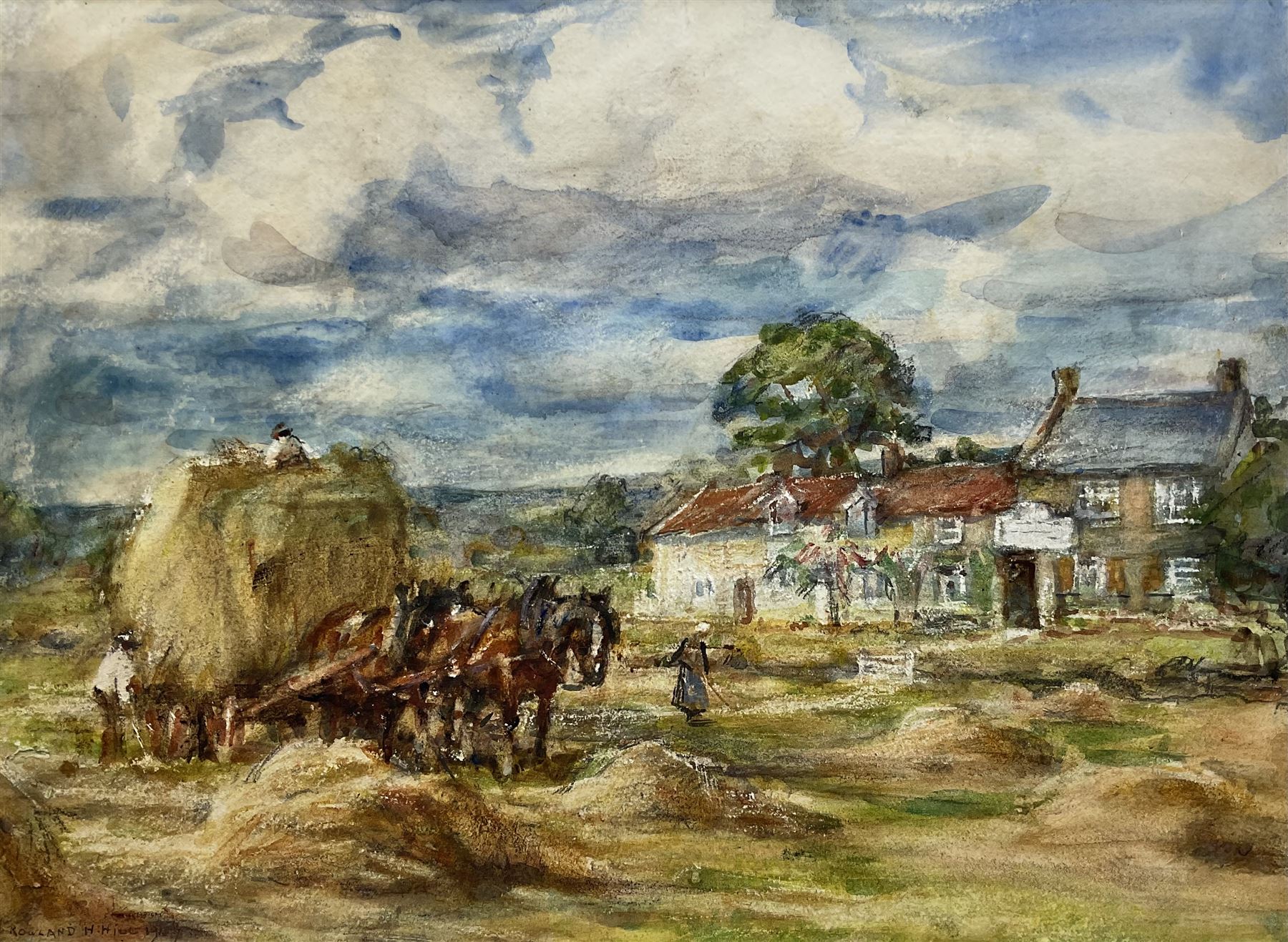 Rowland Henry Hill (Staithes Group 1873-1952): Harvesting at Ellerby, watercolour signed and dated 1927, 27cm x 37cm 
Provenance: with T B & R Jordan Fine Art Specialists, Stockton on Tees, label verso; David Duggleby Ltd 8th December 2017 Lot 115