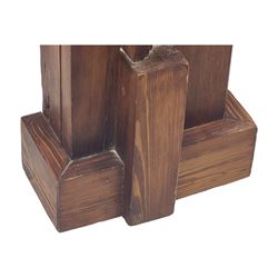 Victorian stained pine fire surround, projecting cornice with dentil moulding, panelled frieze and chamfered uprights on block supports