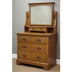  Arts & Crafts oak dressing chest with raised swing mirror, trinket drawer above three long drawers, on plinth base with castors, W92cm, H156cm, D51cm  