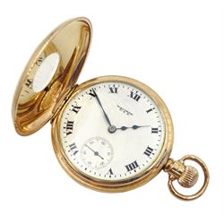 Early 20th century 9ct gold half hunter lever pocket watch by American Watch Company, Waltham, No. 22583074, white enamel dial with Roman numerals and subsidiary seconds dial, the inner case engraved 'with love always and forever', case by Aaron Lufkin Dennison, Birmingham 1920