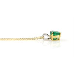 18ct and platinum emerald and diamond pendant necklace, the single heart cut emerald of 3.48 carat, the bail set with two old cut diamonds, London 2019, on an 18ct gold trace link chain necklace, with Alan Poultney Gems report, the emerald with The Gem & Pearl Laboratory report