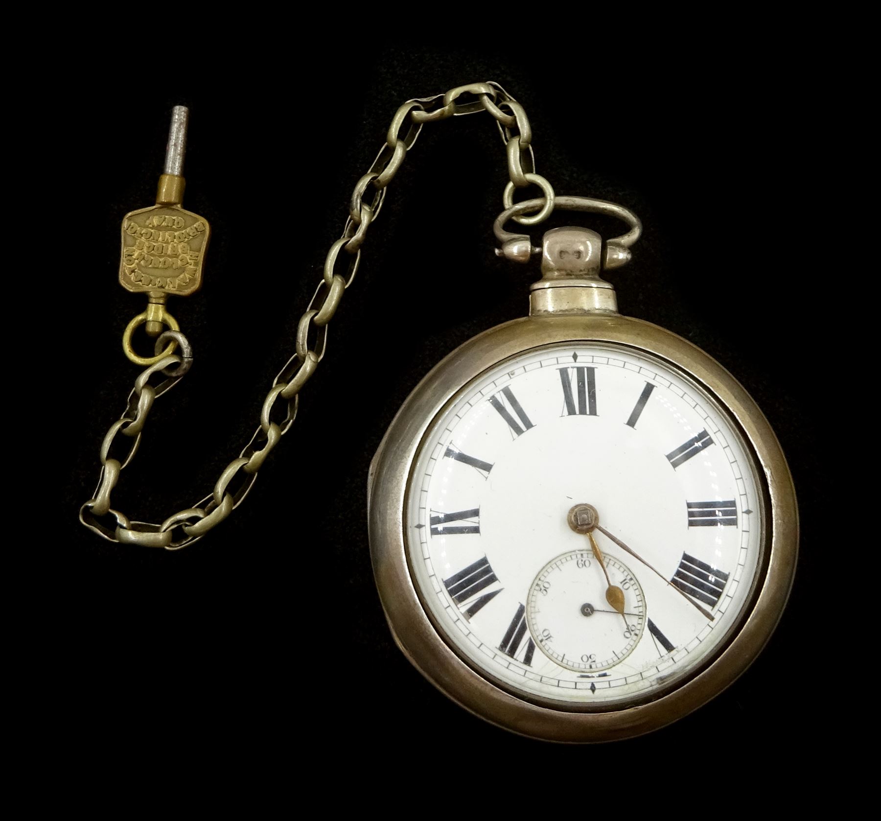 Victorian silver pair cased key wound fusee lever pocket watch by H. Walkington, Bridlington Quay, No. 57125, white enamel dial with Roman numerals and subsidiary seconds dial, case by Charles Harris, Birmingham 1895, on white metal chain