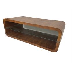 Contemporary walnut coffee table, curved rectangular form, fitted with central glass shelf
