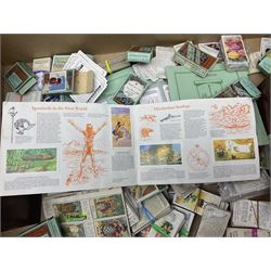 Floral tapestry in a mahogany frame, large collection of cigarette cards, framed tapestry, small microscope and a wooden correspondence box, frame H66cm