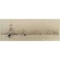 William Lionel Wyllie (British 1851-1931): 'The U.S. Fleet on the Firth of Forth before the Forth Bridge', etching signed in pencil 12.5cm x 34cm (unframed)