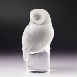 Lalique 'Chouette' frosted glass owl paperweight,  inscribed 'Lalique, France' to plinth, H9cm