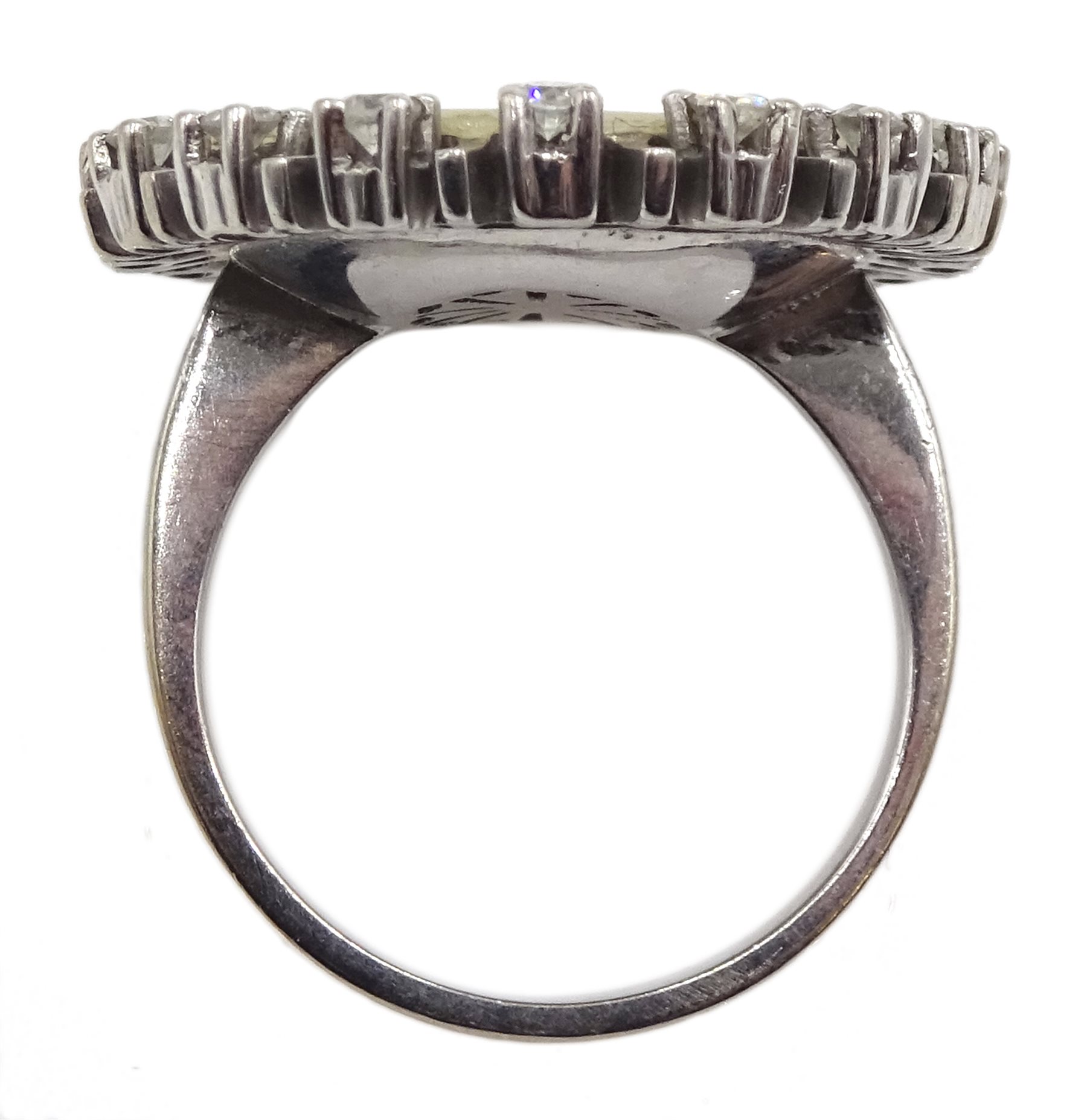 18ct white gold mother of pearl and diamond surround ring, approx 10gm