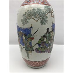 19th century Chinese floor vase of baluster form, hand painted with warriors and the emperor, the neck decorated with floral patterns and panels with landscapes, H64cm