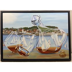 Joy Lomas (British Contemporary): Scarborough South Bay viewed through Glassware, oil on canvas signed 70cm x 100cm