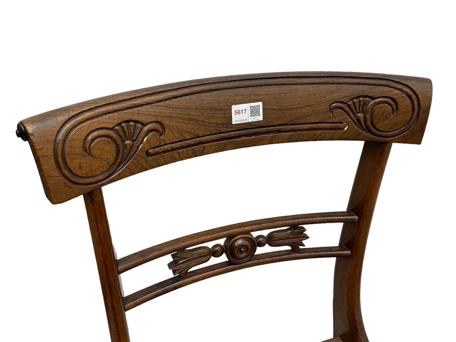 Pair of Regency rosewood framed side chairs, carved back rails over cane seat, raised on reeded supports (W46cm D50cm H84cm); set of three Edwardian walnut cane seat bedroom chairs, carved shield back (W41cm H88cm)