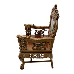 Pair of Chinese hardwood throne chairs, the back with grey marble inset surrounded by carved dragons and masks, inlaid with mother of pearl, the arm terminals carved with dragons, panelled seats inlaid with flowers and foliate motifs, on ball and claw carved cabriole feet