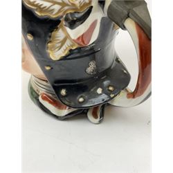 Otto Von Bismarck figural 0.5l stein, his black pickelhaube helmet with chrome spike serving as the lid, in green uniform and gilt detail throughout, pewter thumb hinge, with blue hash Musterschutz type mark, H18cm