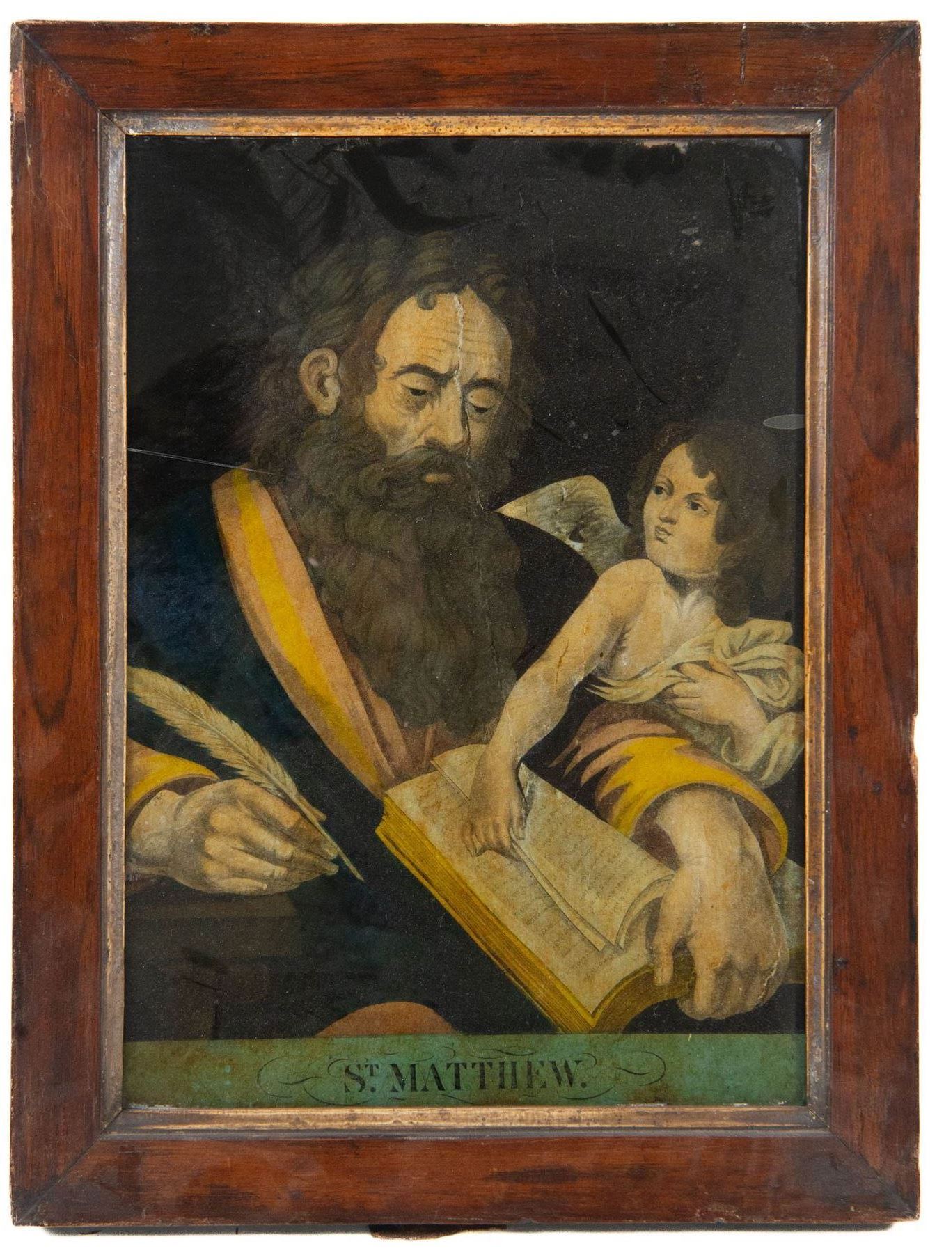 Four mid-19th century reverse glass mezzotints, 'Joseph sold by his brethren to the Ishmaelites' 'St Luke' 'St John' and 'St Matthew', 34cm x 24cm (4)