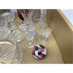 Pair of late 19th/early 20th century drinking glasses, the bucket form bowl engraved Auld Lang Syne with pair of shaking hands and Scottish thistle, together with other quality glassware including Stuart and Waterford drinking glasses, vases etc in two boxes