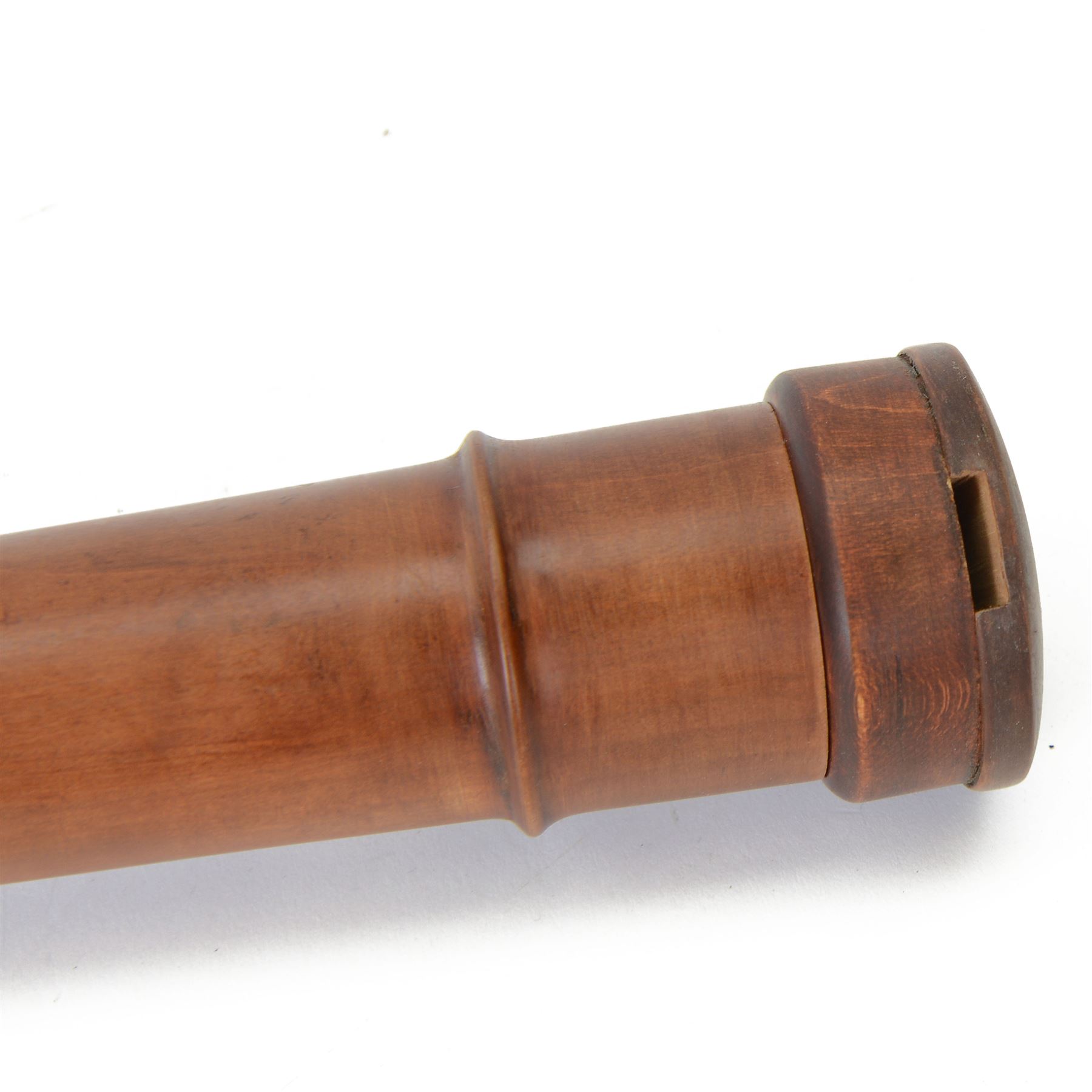Replica Renaissance Bass recorder in Pearwood, authentic duct blown period instrument with two keys, possibly German.