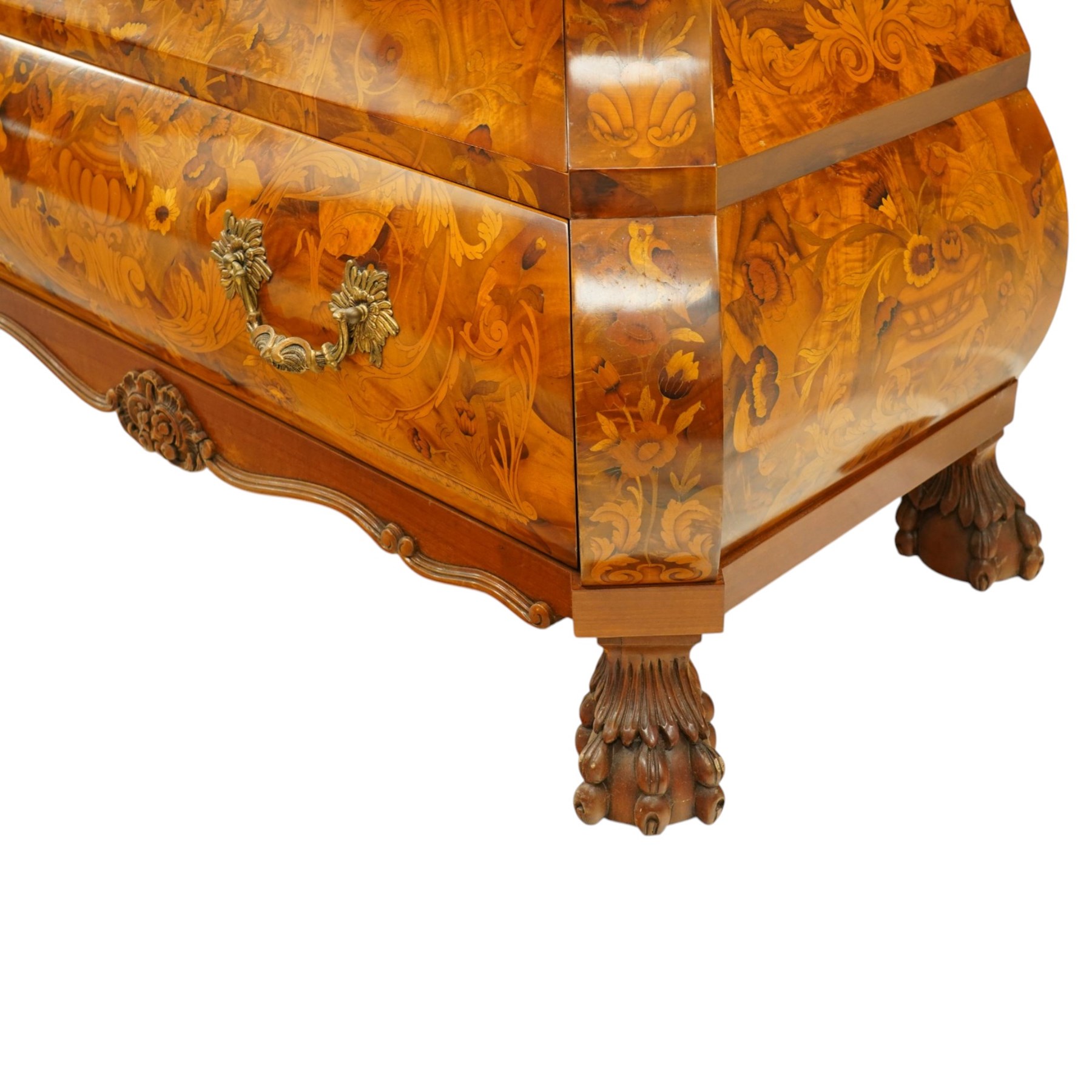 Colombo Mobili - Italian walnut and floral marquetry bombé commode chest, rectangular top with canted eared corners inlaid with urn motif and trailing scrolling foliage, fitted with three long graduating drawers with gilt metal handles, profusely inlaid with scrolling acanthus leaves interspersed with urns and cartouches, on large carved ball-and-claw feet