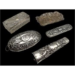 Group of silver, including glass jar with silver lid, pierced pin tray, vase sleeve and two silver lids, all hallmarked 