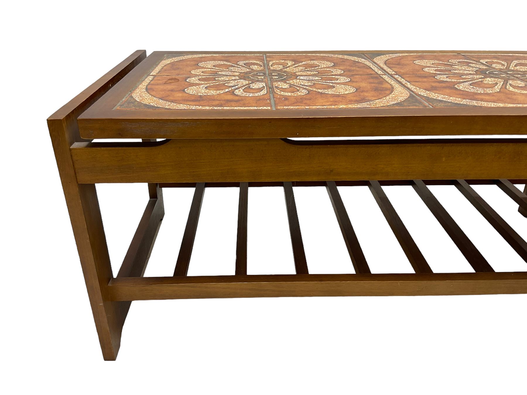 Mid-20th century teak coffee table, rectangular top with inset tiled surface over slatted undertier