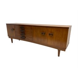 Bath Cabinet Makers BCM - mid-20th century teak sideboard fitted with four drawers and three cupboards with curved handles on tapering supports