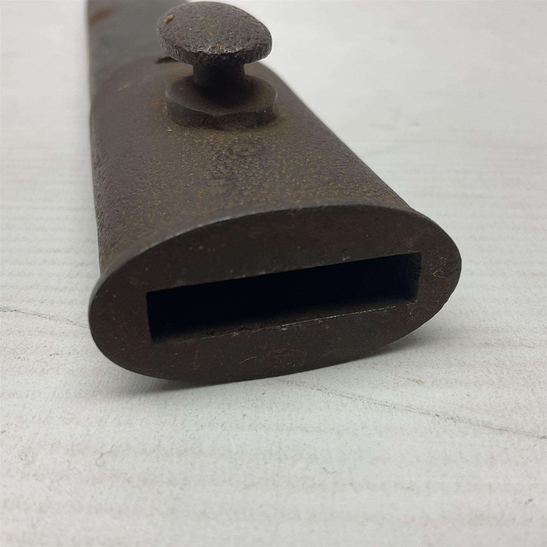 British Pattern 1888 knife bayonet, the 30cm double edged blade by Sanderson with central raised medial ridge and various marks to the ricasso including date code 12 98; in leather covered scabbard with various stamped marks L44cm overall