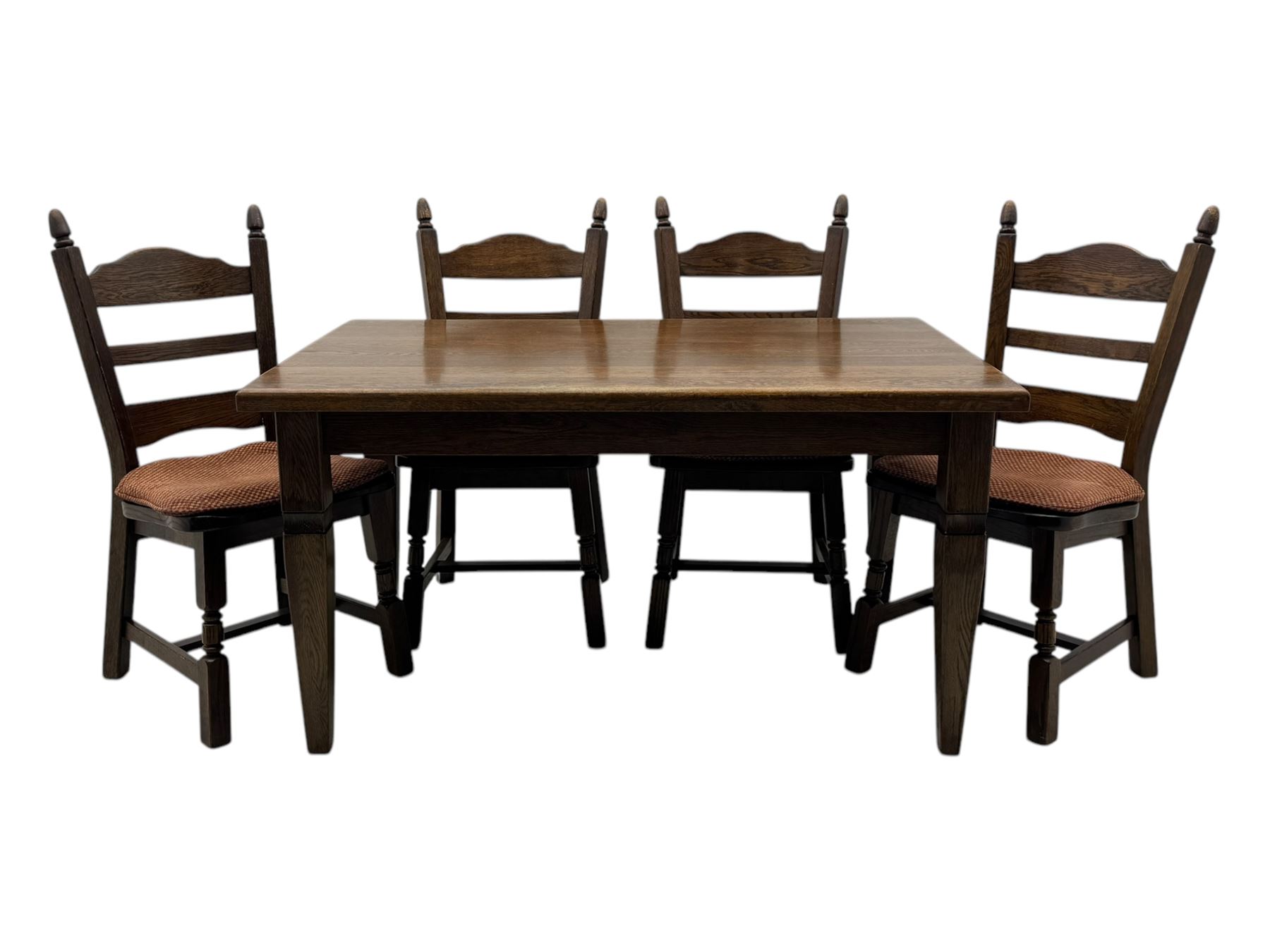 Mid-20th century Dutch oak dining table, rectangular top raised on square supports with tapered sections; four ladderback dining chairs, on turned supports with H-stretchers