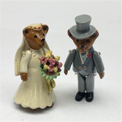 Seven Hantel miniature articulated pewter teddy bears, including bride and groom 
