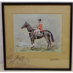  'Agrippa' - Racehorse Portrait with rider up, watercolour signed and dated 1932 with remarque in pencil 24cm x 30cm  