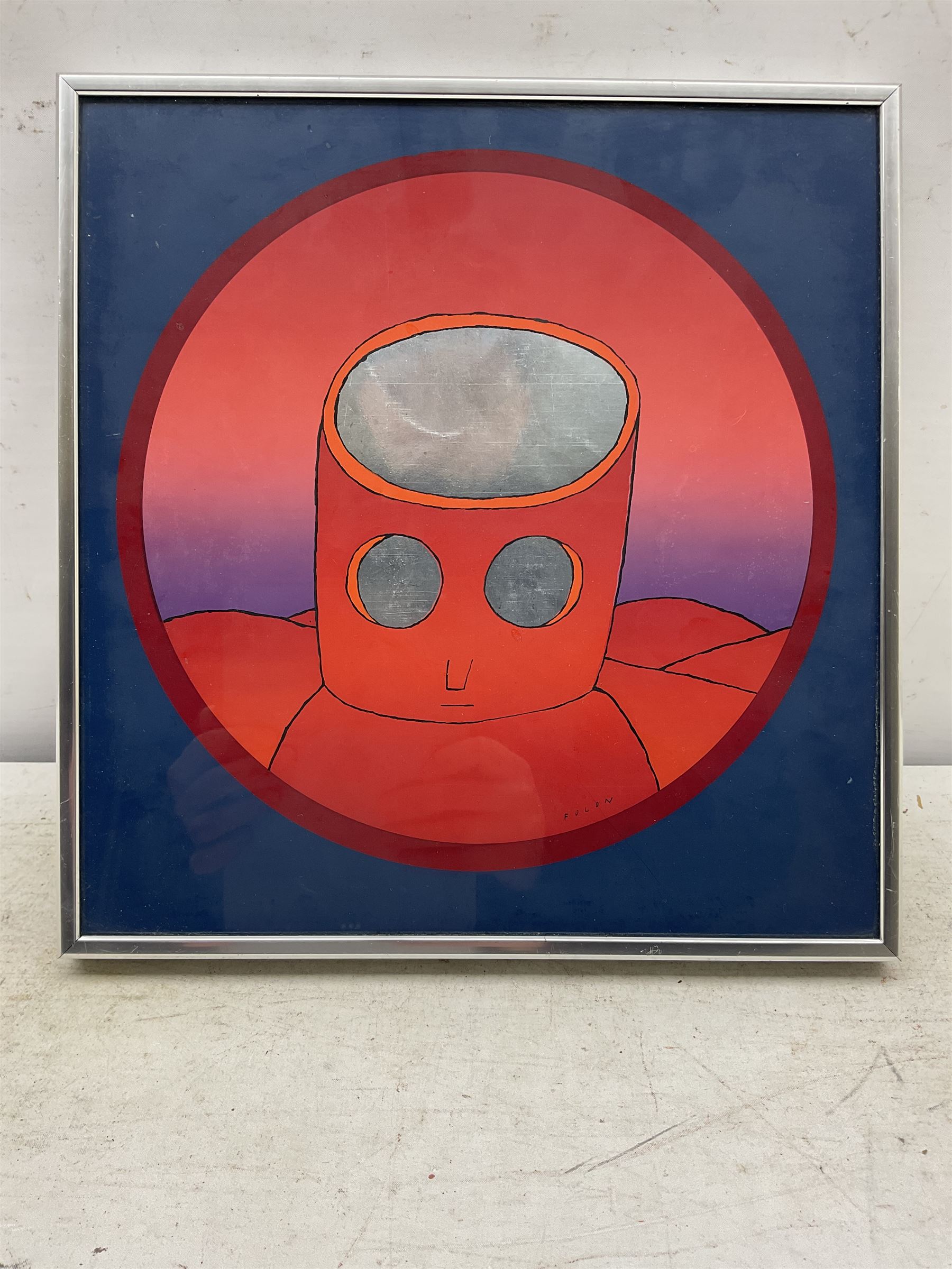 Jean-Michel Folon (Belgian 1934-2005): 'The Red Head', silkscreen print on aluminium foil 28cm x 27cm