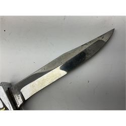 German ERN Wald-Solingen Art Deco style hunting knife with 13cm Bowie type blade and chrome fittings with antler grip; in leather sheath L24.5cm overall; and Bianchi Rastignano Aeronautica Militare combat knife with 15.5cm Bowie type saw-back blade and stacked leather grip (2)