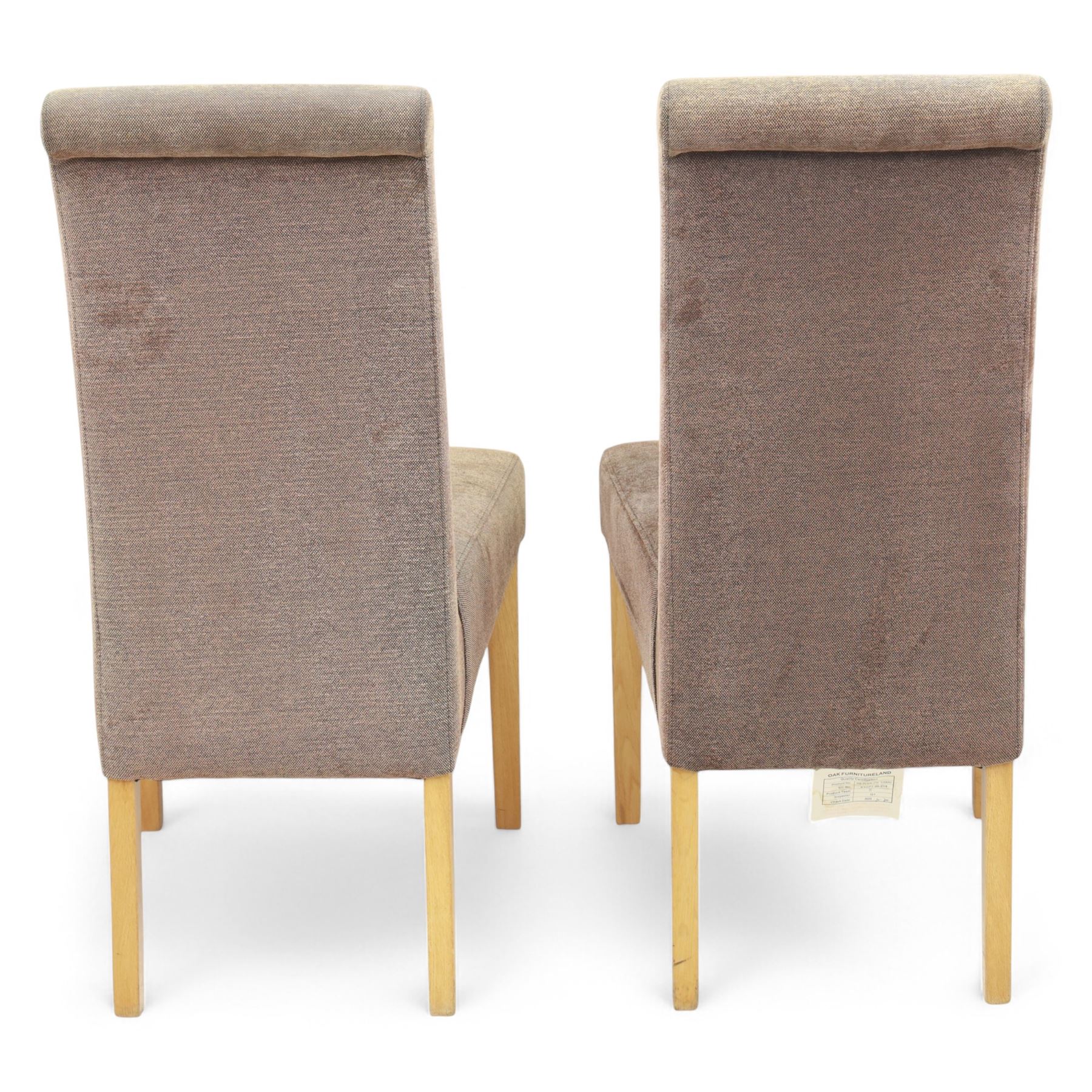 Oak Furnitureland - Pair of contemporary upholstered dining chairs, with high tapering backs and padded seats in taupe brown microfibre fabric, raised on solid oak square section legs