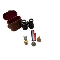 Two WWI medals, Masonic jewel, and pair of field & Marine binoculars