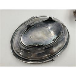 Silver plated seven bar toast rack by Mappin & Webb, together with other silver plated items including pair of bottle coasters, swing handled baskets and two sauce boats