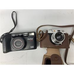 Collection of cameras to include Halina 35x, Kodak Retina IIa, Vivitar 320Z together with metal ware, including hammered footed bowl, bedpan, and other collectables 