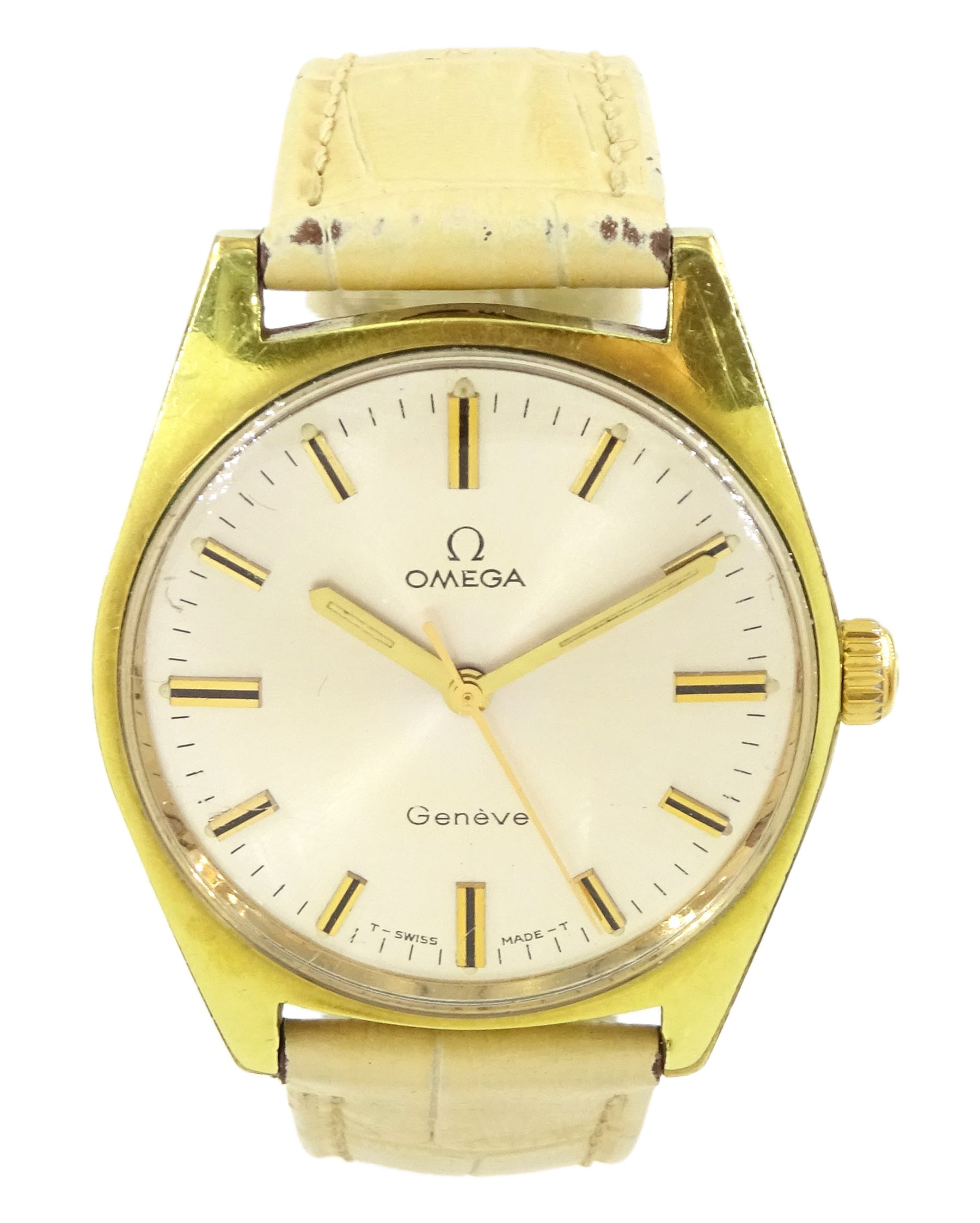 Omega Genève gentleman's stainless steel and gold-plated manual wind wristwatch, Ref. 135.0041, silvered dial with baton hour markers, on cream leather strap, with Omega gilt buckle, boxed with papers dated 1974