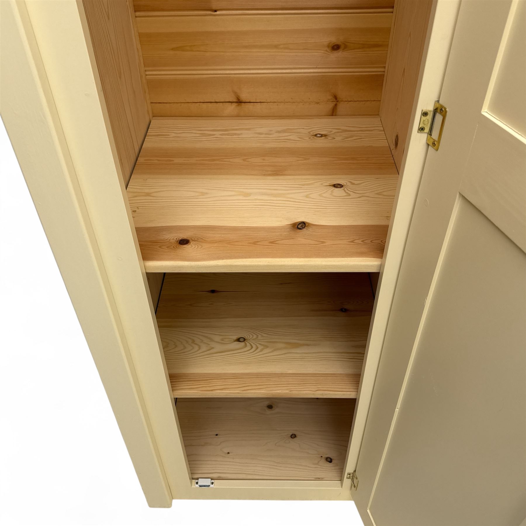 Contemporary painted pine single wardrobe, rectangular oak top over a single panelled door with round metal knob handle, enclosing part boarded interior with hanging rail and two fixed shelves