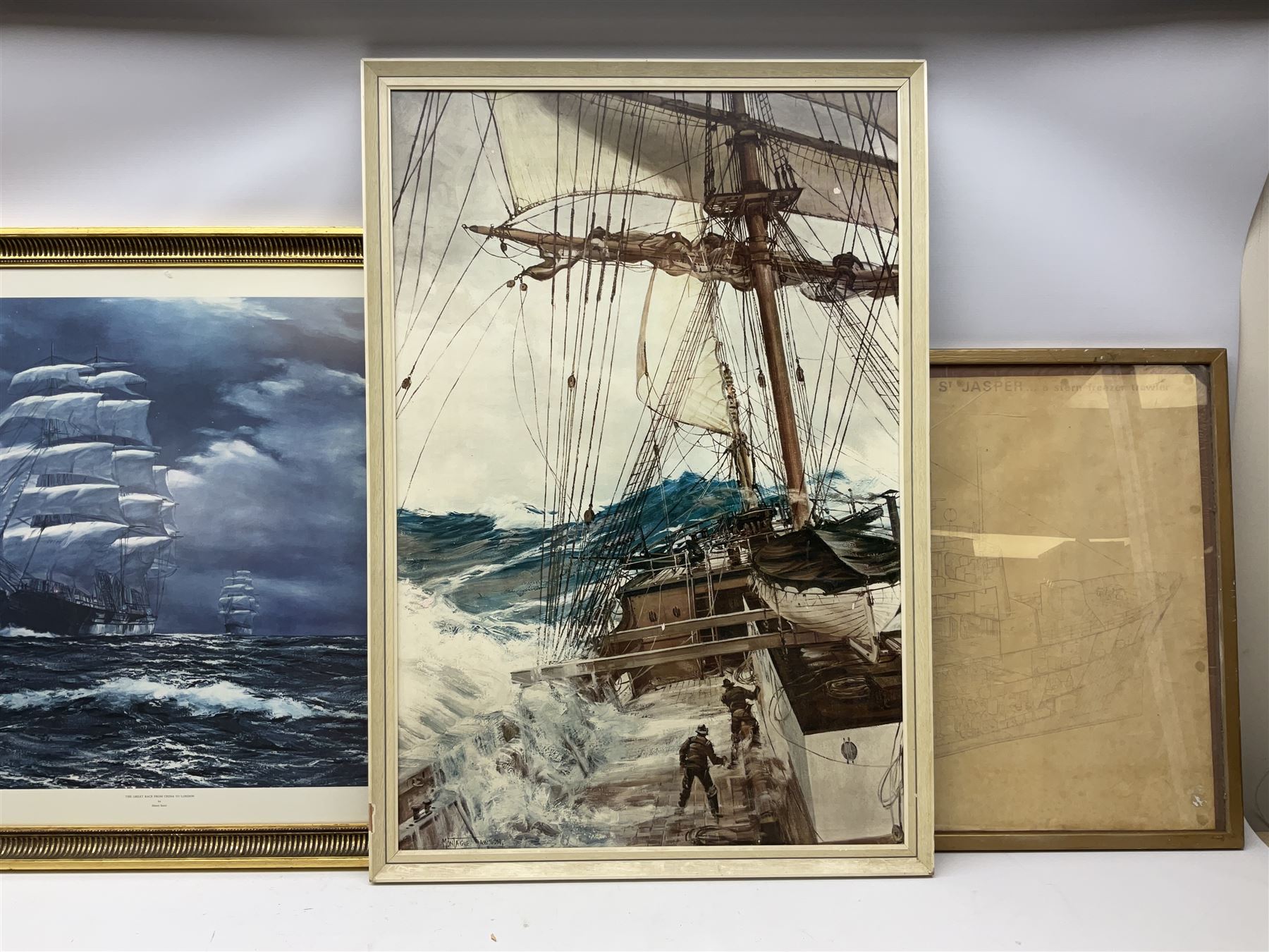 After Henry Scott: 'The Great Race from China to London' colour print together with large print diagram of a trawler, two other marine prints and a print of a WWII Halifax unit max 68cm x 108cm (5)