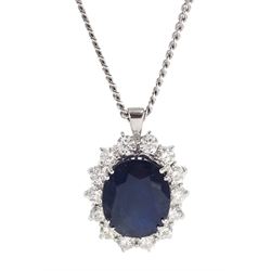 18ct white gold oval sapphire and round brilliant cut diamond pendant necklace, hallmarked, sapphire approx 5.00 carat, total diamond weight approx 1.10 carat